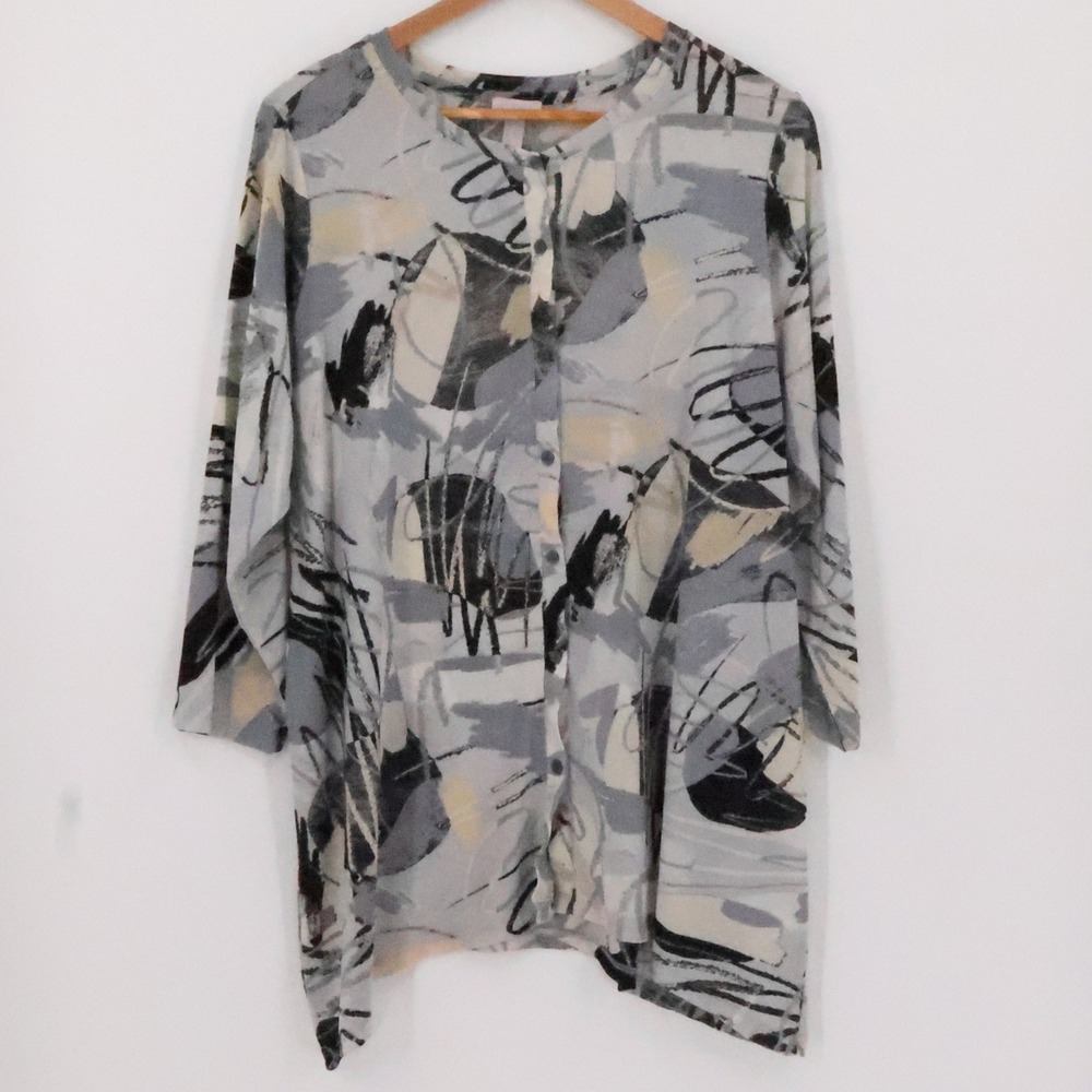 Logo Layers Abstract Print Mesh Tunic Top Womens Artsy Button Gray Plus‎ Size 1X